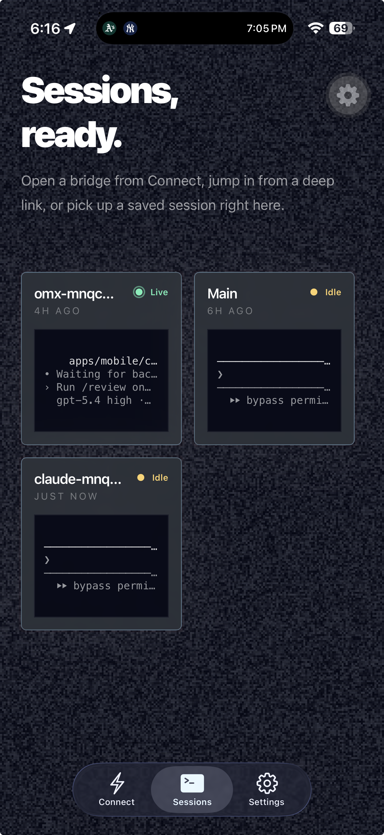 rzr mobile — sessions list showing live and idle terminal sessions