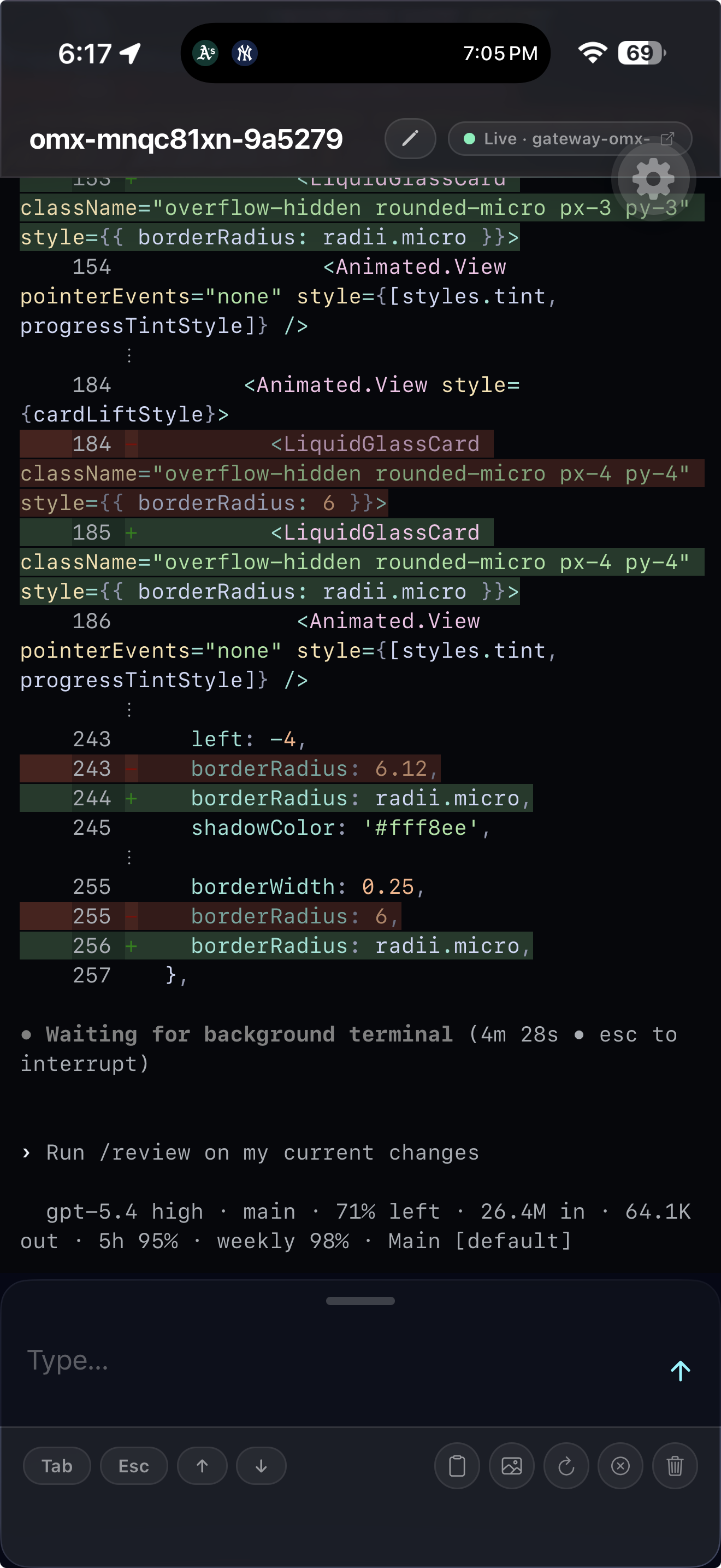 rzr mobile — live terminal session with code diff view